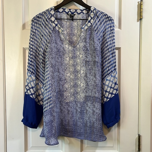 NIC+ZOE Geometric Artsy Printed Balloon Sleeve Sheer Blouse - Size Medium - Picture 1 of 9